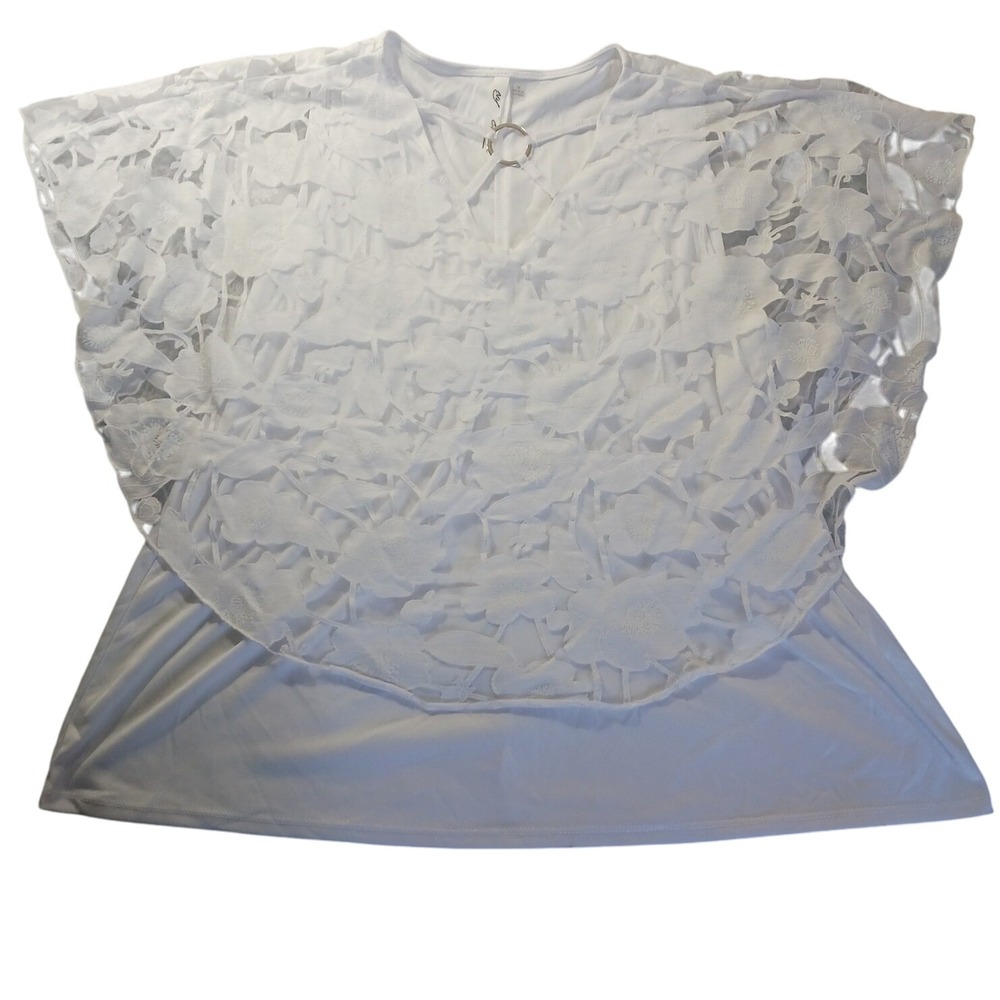 NY Collection 2X White Floral Lace Overlay Top Ring Detail‎ Boho Festival Blouse